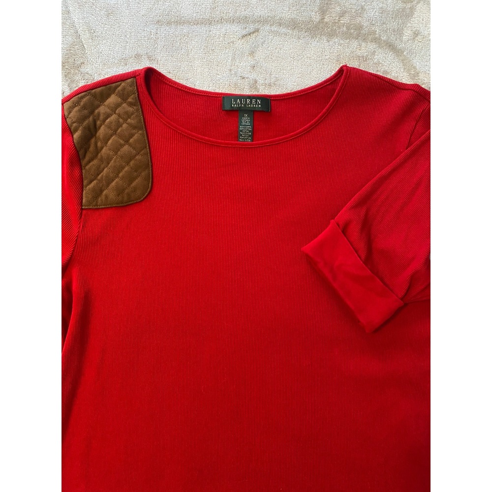 Lauren Ralph Lauren Top Red Sz‎ 1X Ribbed Stretch Quilted Suede Patch Equestrian